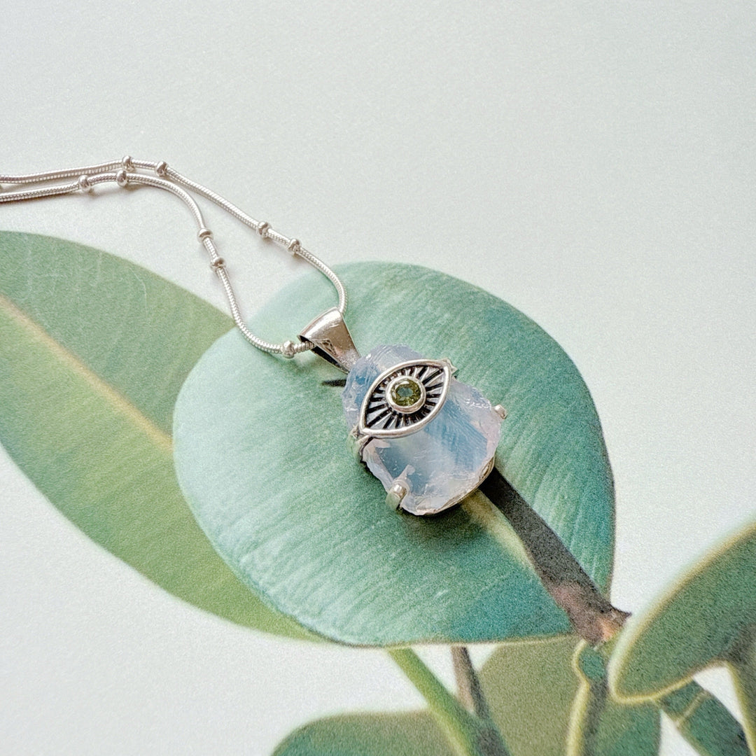 Evil Eye Pendant with Lavender & Faceted Moldavite