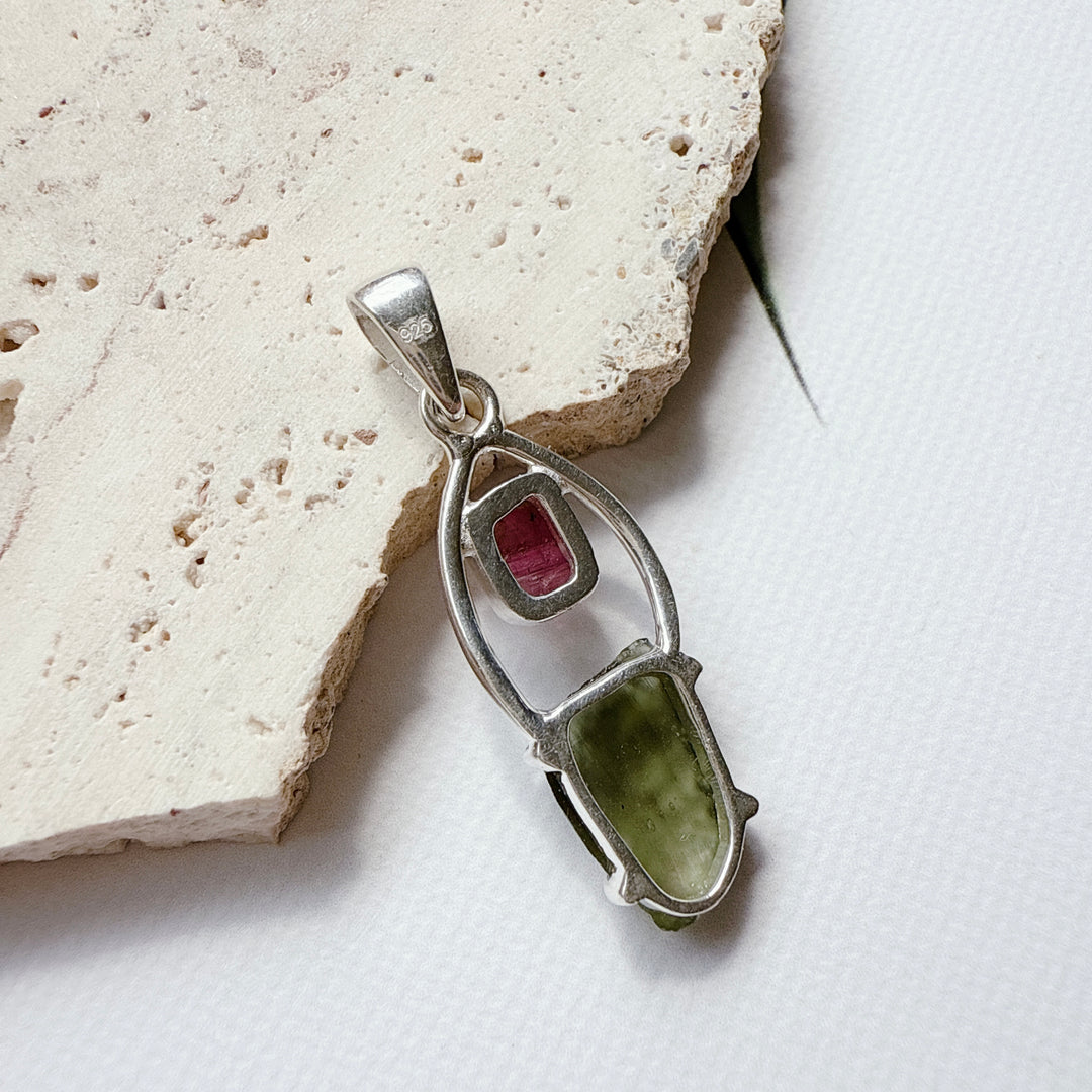 Moldavite & Pink Tourmaline Pendant