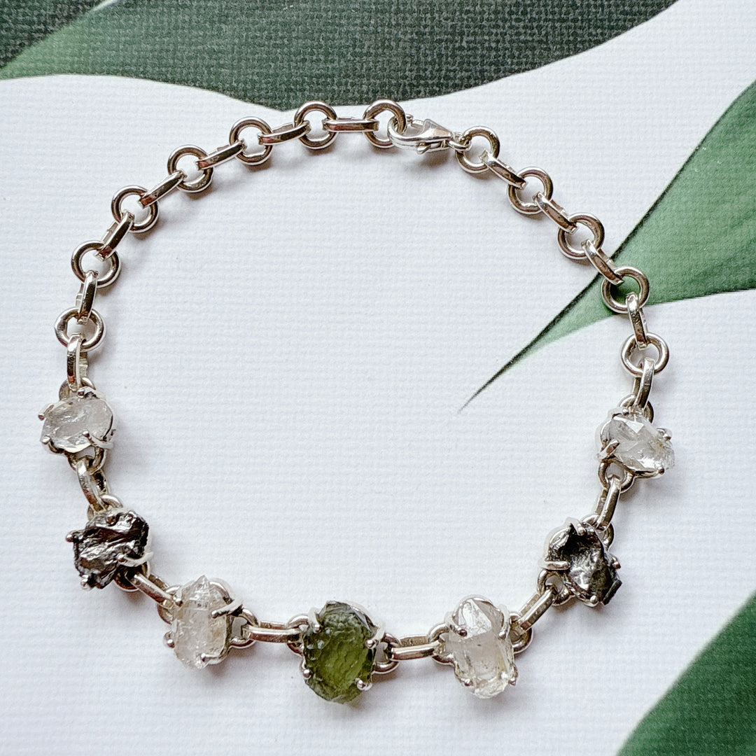 MOLDAVITE, HERKIMER DIAMOND & METEORITE CAMPO DEL CIELO BRACELET