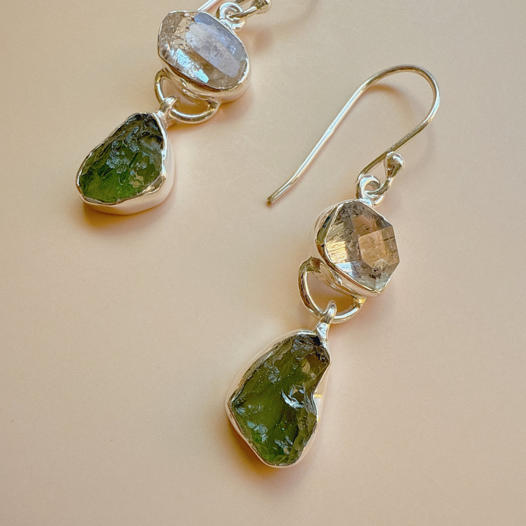 Moldavite & Herkemir Diamond Earrings