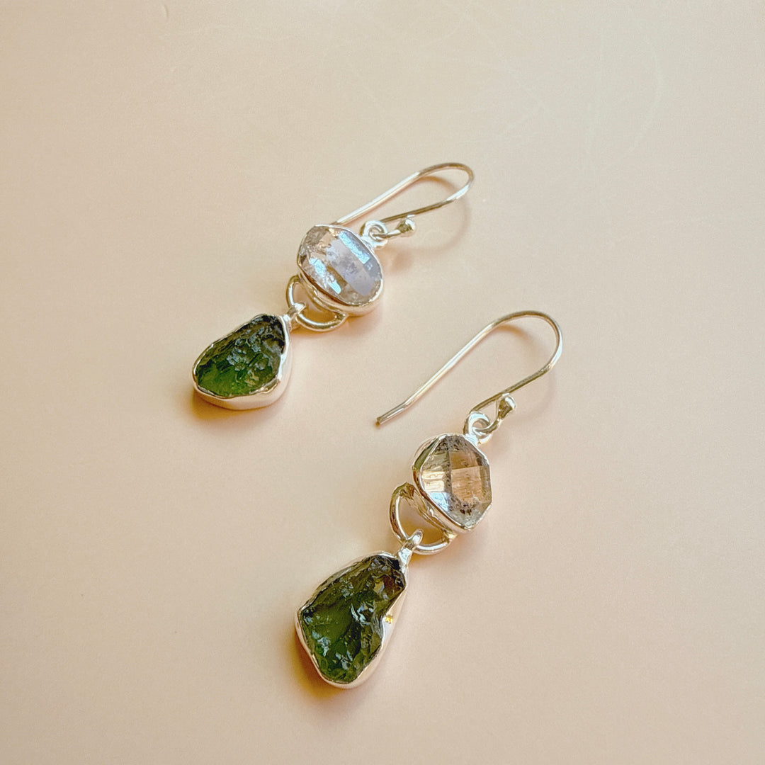 Moldavite & Herkemir Diamond Earrings