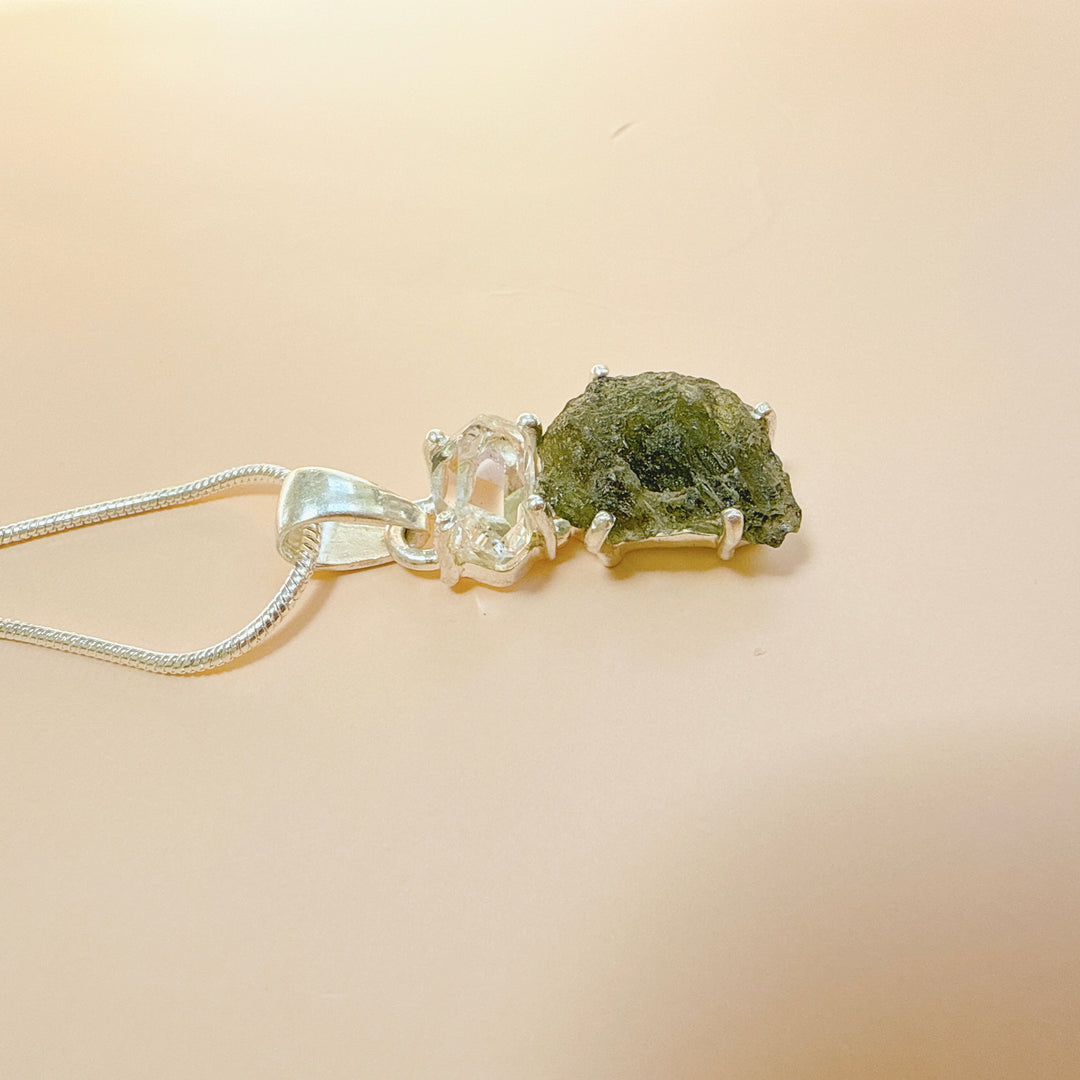 MOLDAVITE & HERKEMIER DIAMOND PENDANT