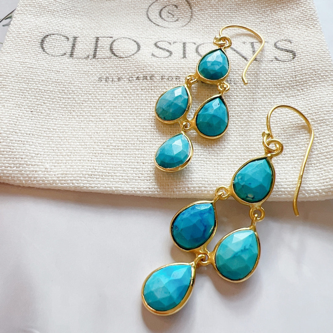 Turquoise Gemstone 925 Silver Gold Plated Earrings