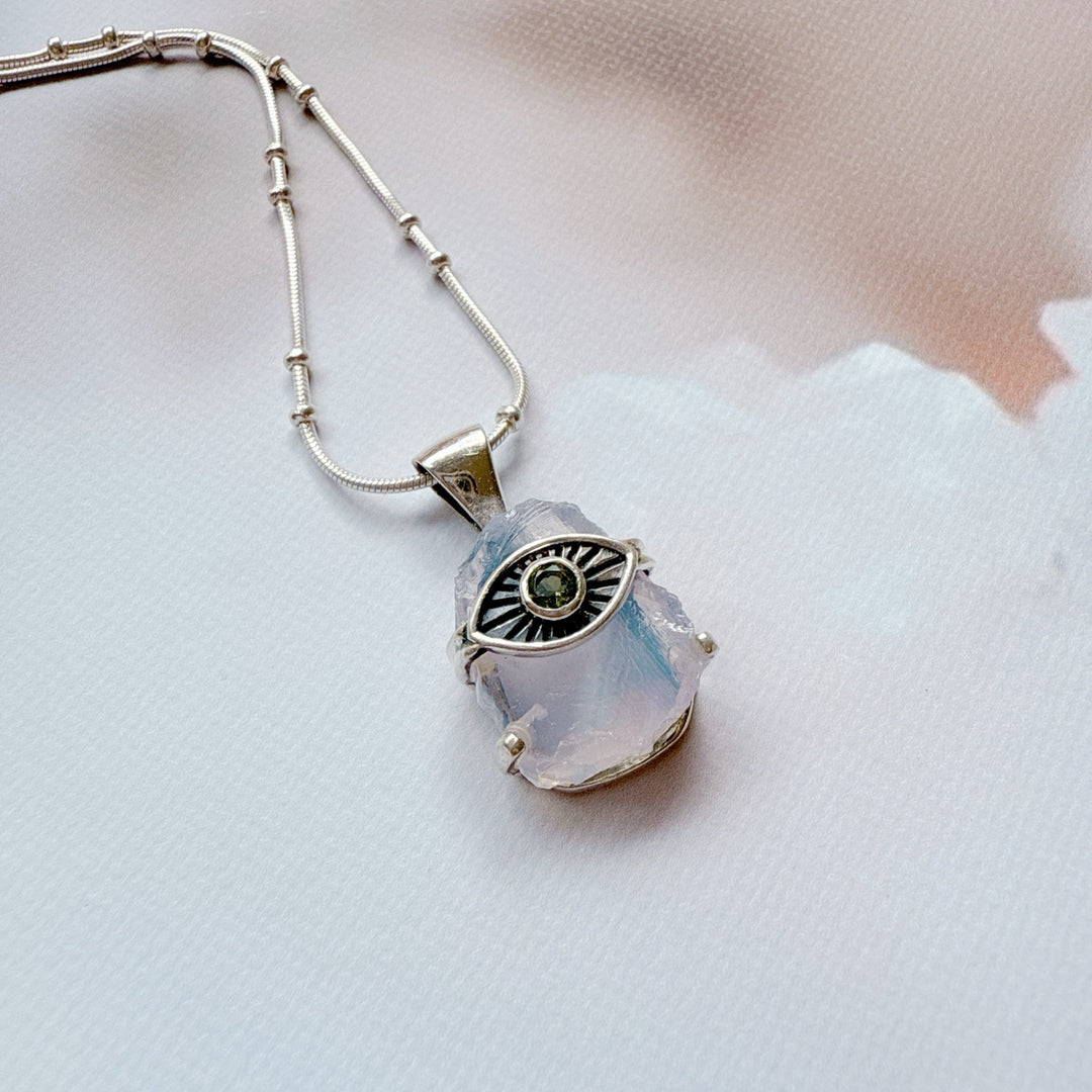 Evil Eye Pendant with Lavender & Faceted Moldavite