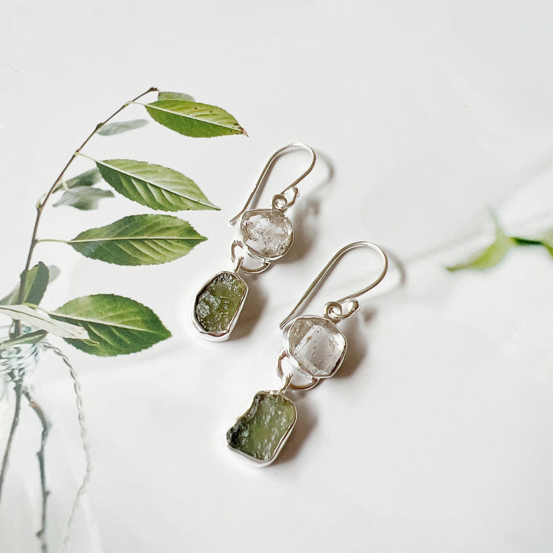 Moldavite and Herkimer Diamond Earrings