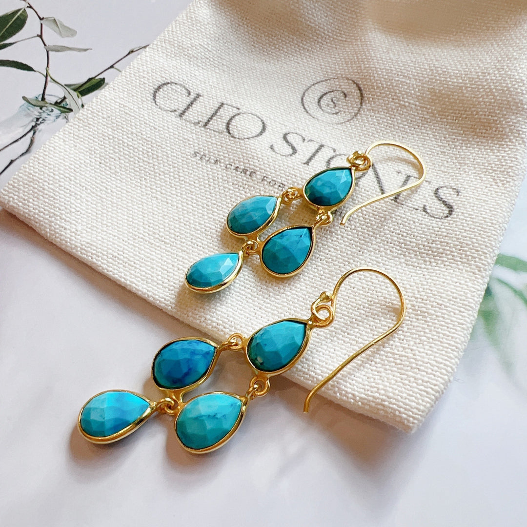 Turquoise Gemstone 925 Silver Gold Plated Earrings