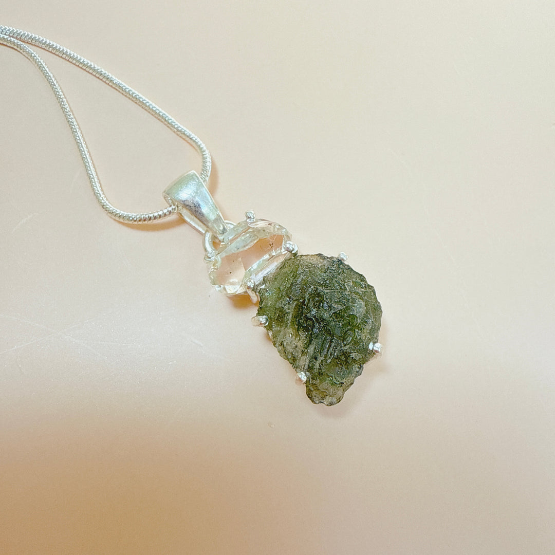 MOLDAVITE & HERKEMIER DIAMOND PENDANT