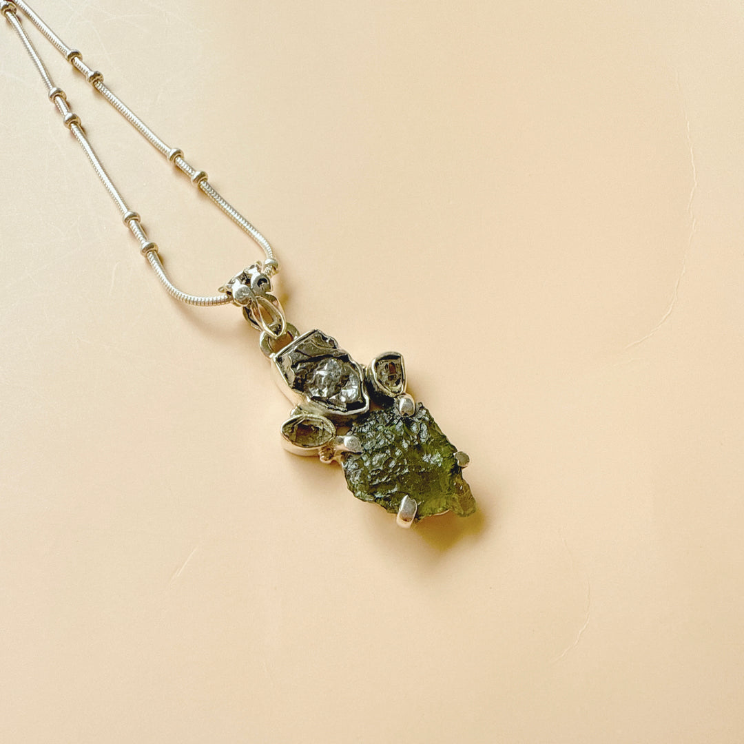 MOLDAVITE, HERKIMER DIAMOND, METEORITE CAMPO DEL CIELO PENDANT