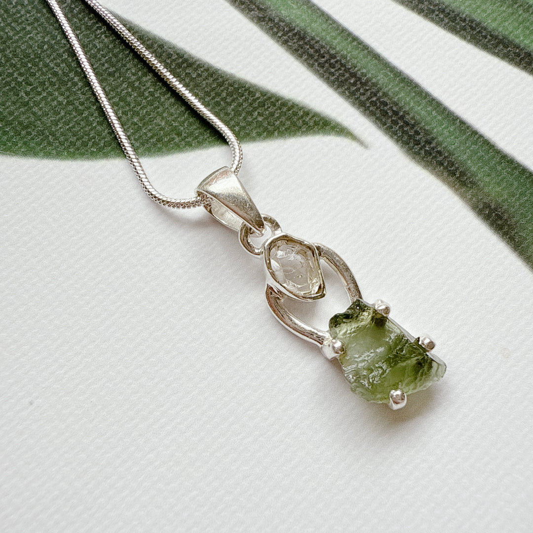 MOLDAVITE & HERKEMIER DIAMOND PENDANT