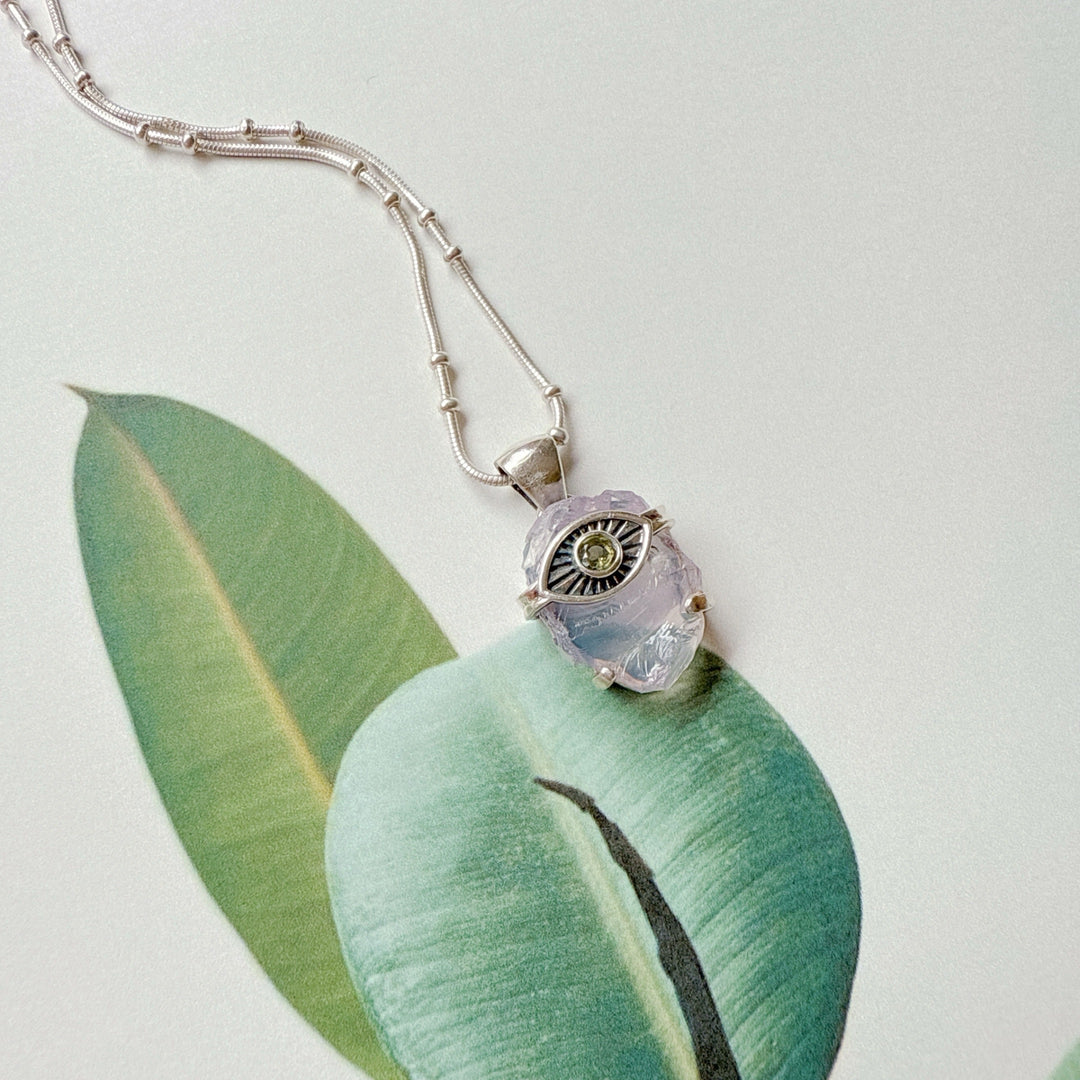 Evil Eye Pendant with Lavender & Faceted Moldavite