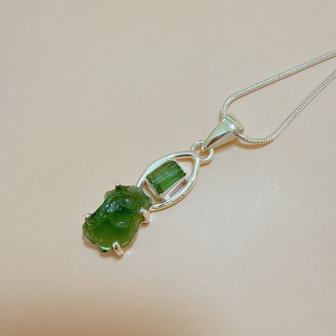 MOLDAVITE & GREEN TOURMALINE PENDANT