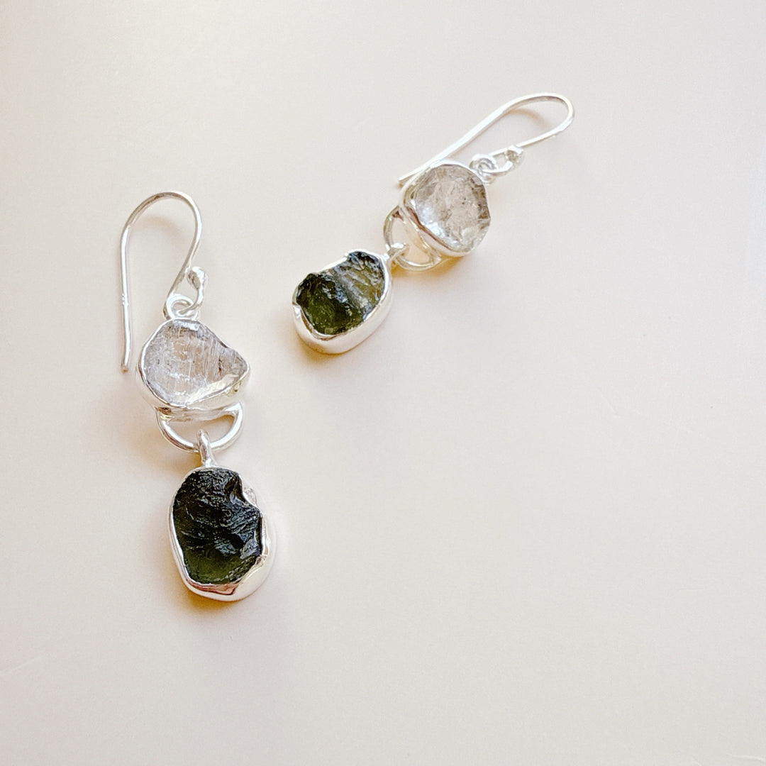 Moldavite & Herkemir Diamond Earrings