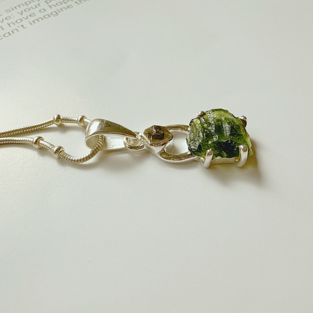 MOLDAVITE & HERKEMIER DIAMOND PENDANT