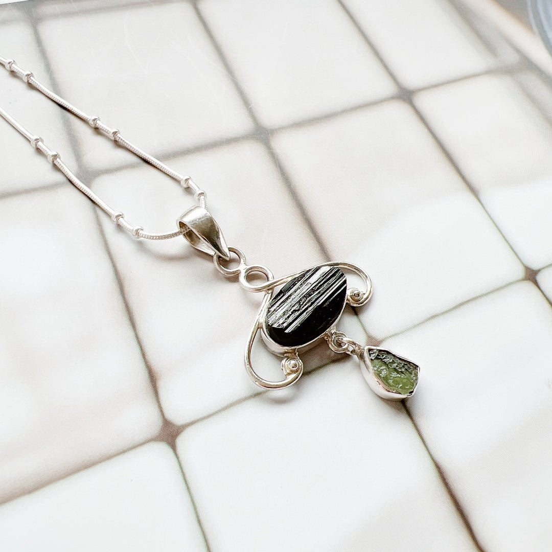 MOLDAVITE & BLACK TOURMALINE PENDANT