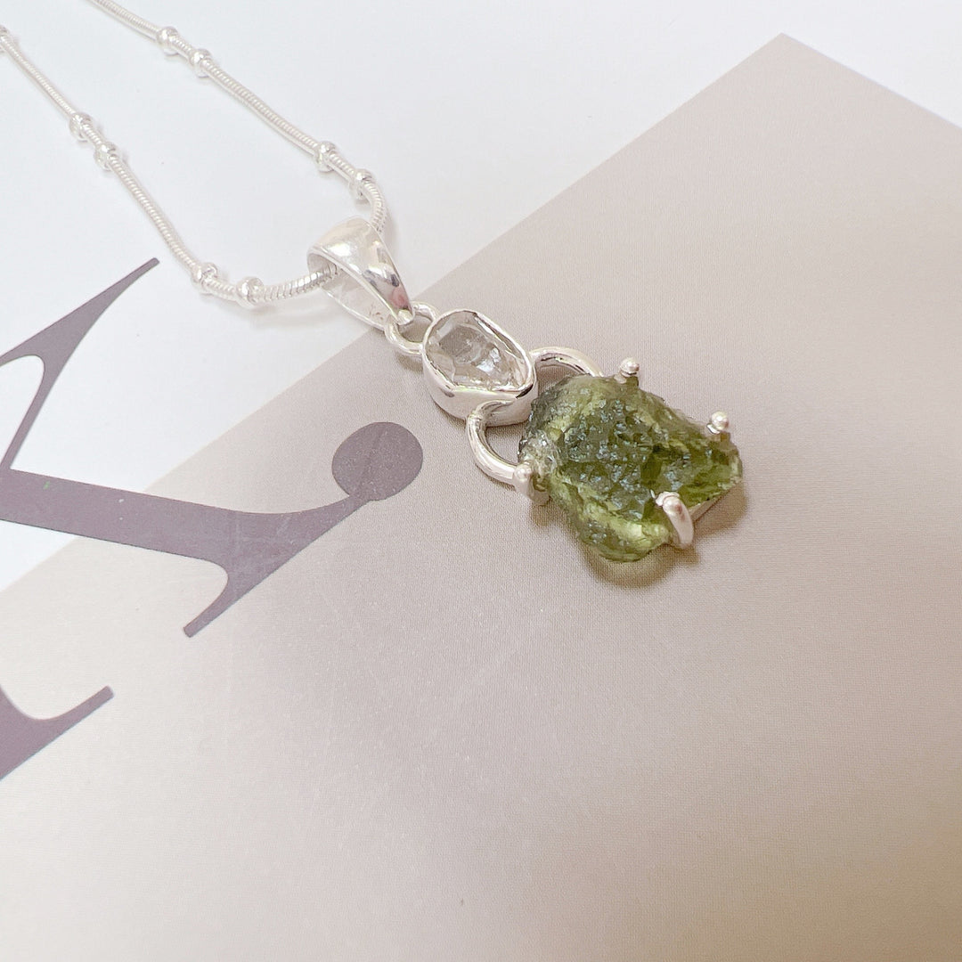 MOLDAVITE & HERKEMIR DIAMOND PENDANT