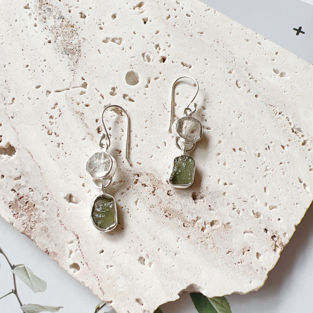 Moldavite and Herkimer Diamond Earrings