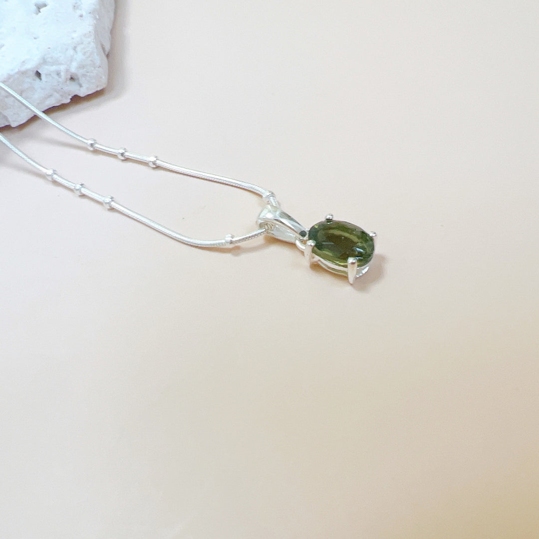 Faceted Moldavite Pendant & Silver Chain