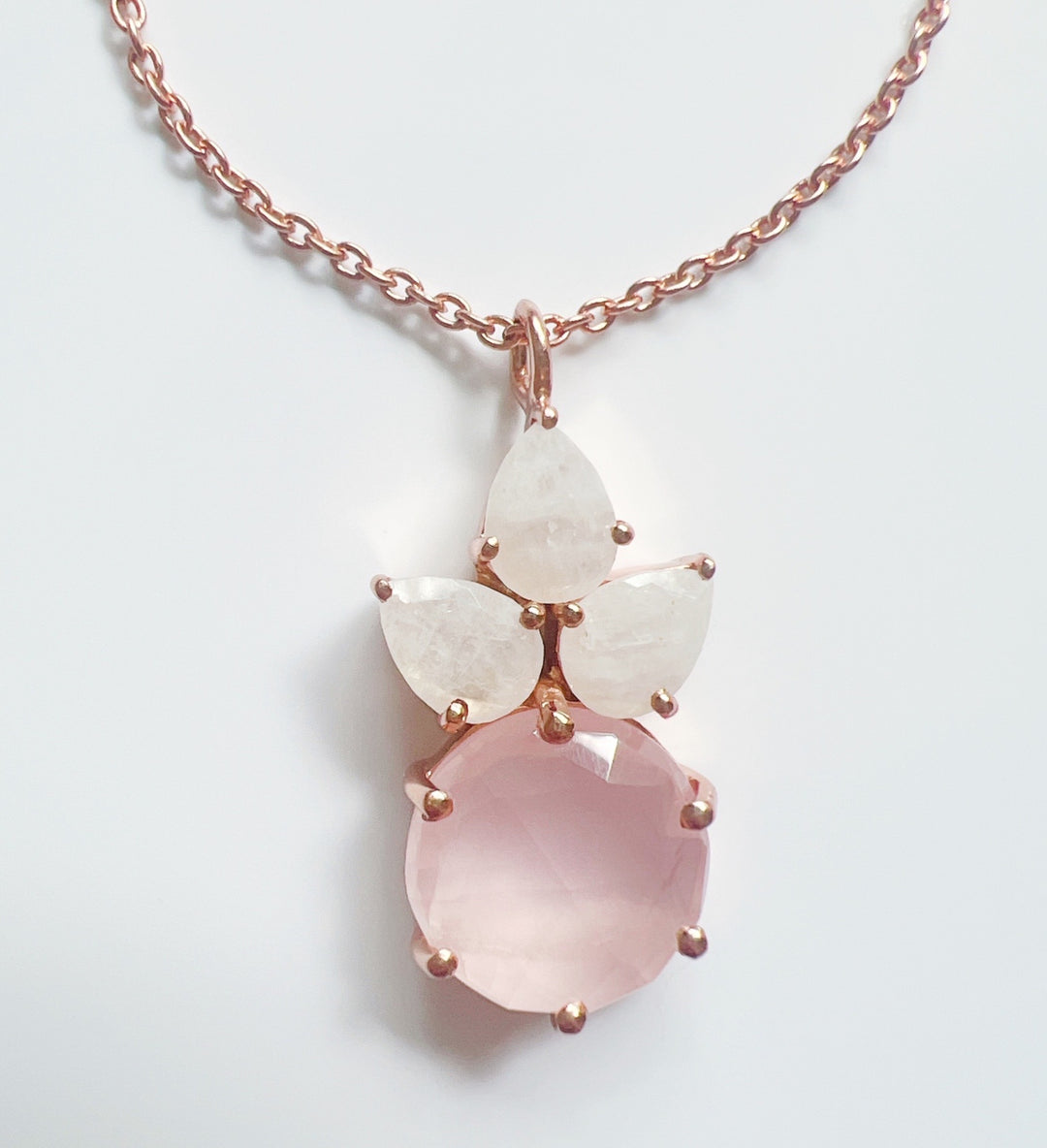 Rainbow Moonstone And Rose Chalcedony Pendant 925 Silver & Gold Plated Necklace