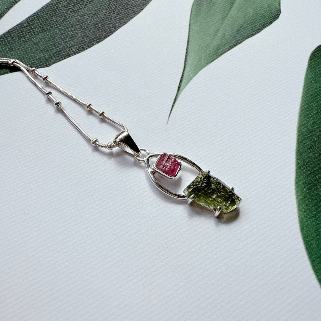 Moldavite & Pink Tourmaline Pendant