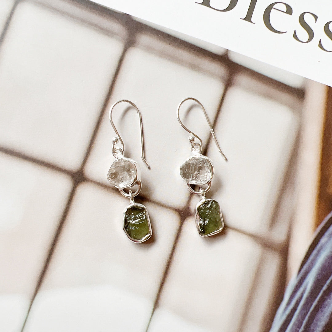 Moldavite and Herkimer Diamond Earrings