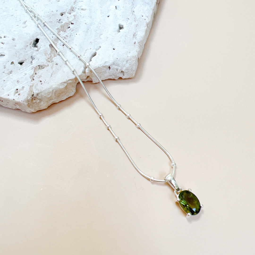 Faceted Moldavite Pendant & Silver Chain