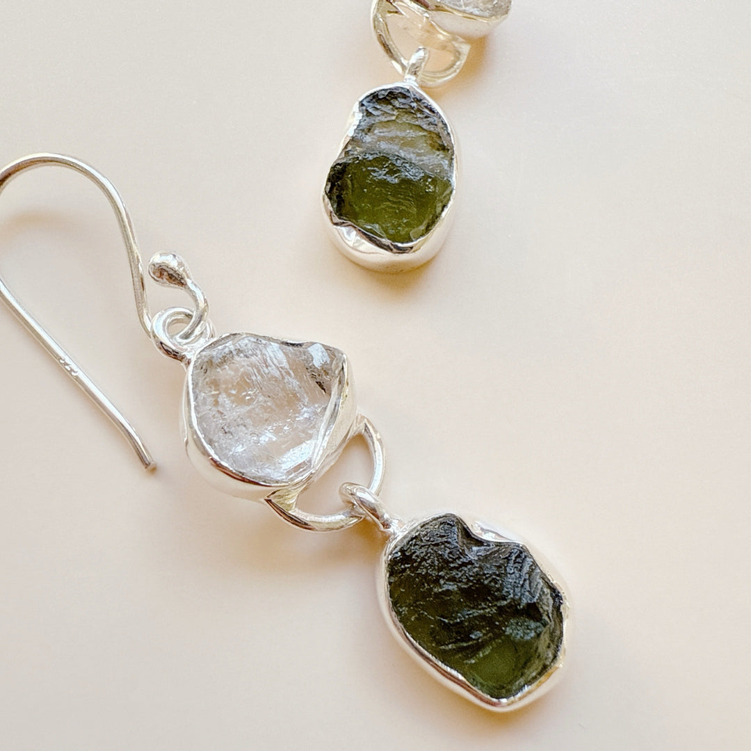 Moldavite & Herkemir Diamond Earrings