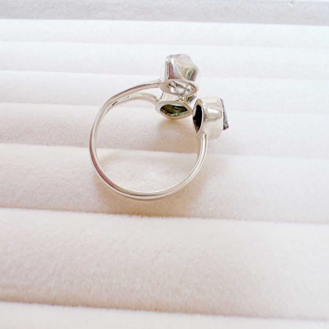 MOLDAVITE, HERKIMER DIAMOND & CAMPO DEL CIELO RING