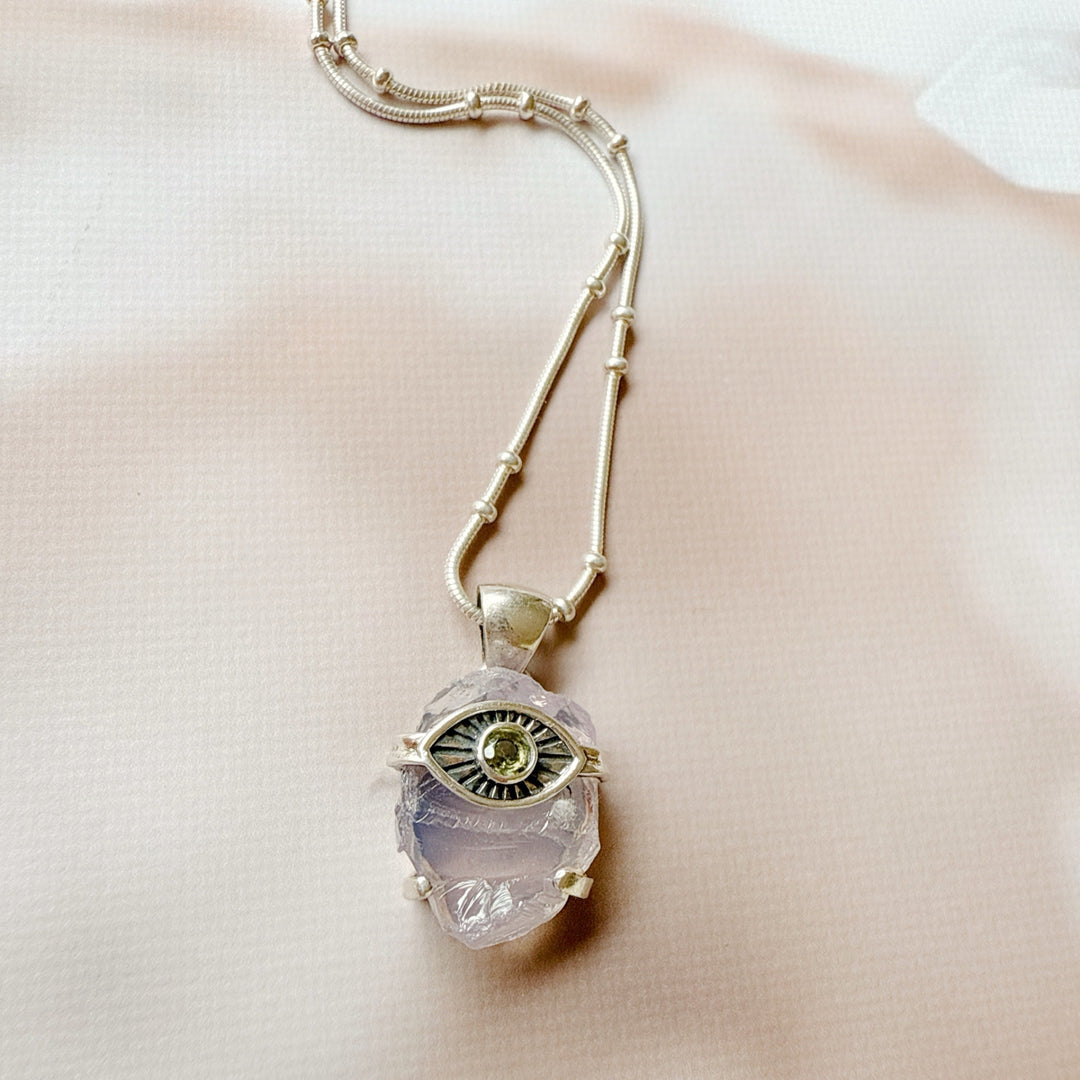 Evil Eye Pendant with Lavender & Faceted Moldavite