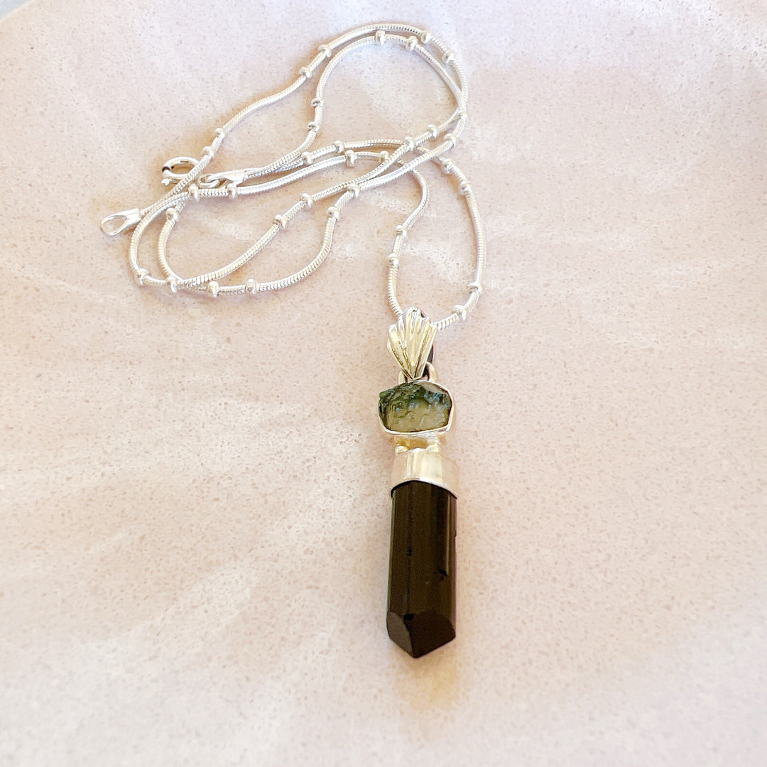 MOLDAVITE & BLACK TOURMALINE PENDANT