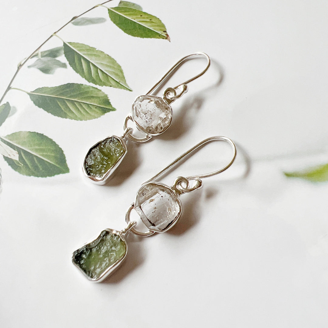 Moldavite and Herkimer Diamond Earrings