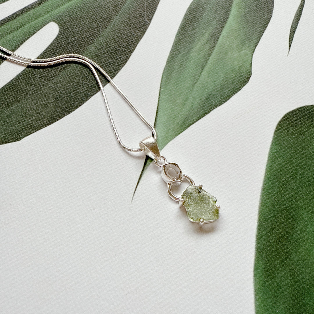 MOLDAVITE & HERKEMIER DIAMOND PENDANT