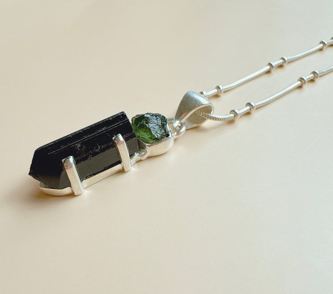 MOLDAVITE & BLACK TOURMALINE PENDANT