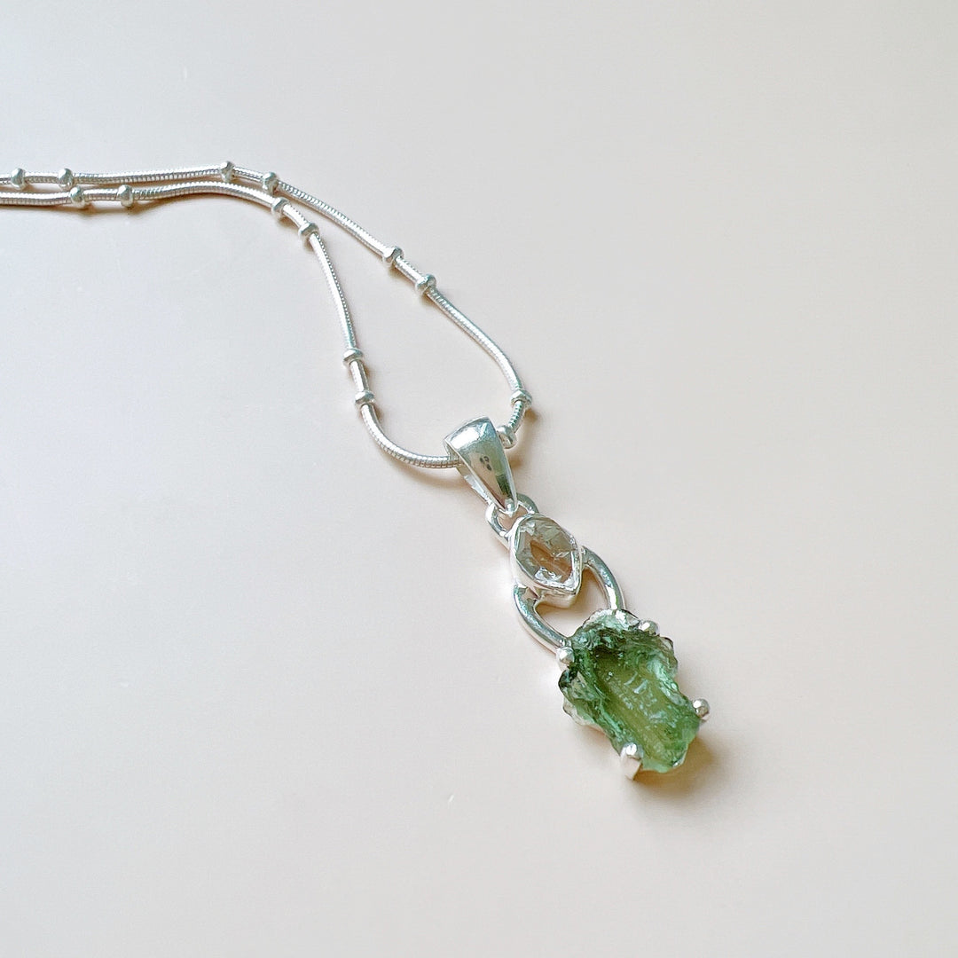 MOLDAVITE & HERKEMIR DIAMOND PENDANT