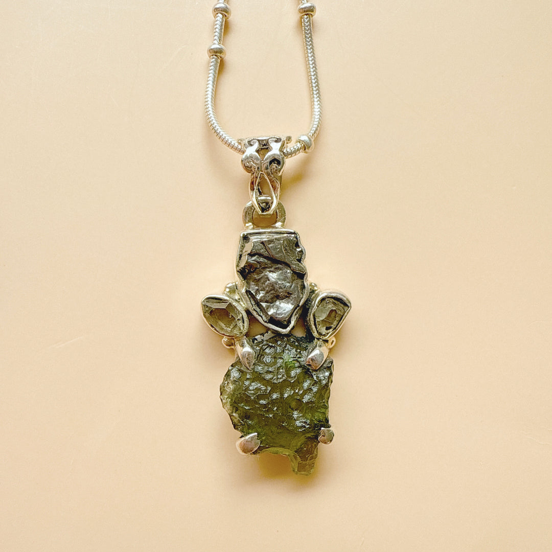 MOLDAVITE, HERKIMER DIAMOND, METEORITE CAMPO DEL CIELO PENDANT