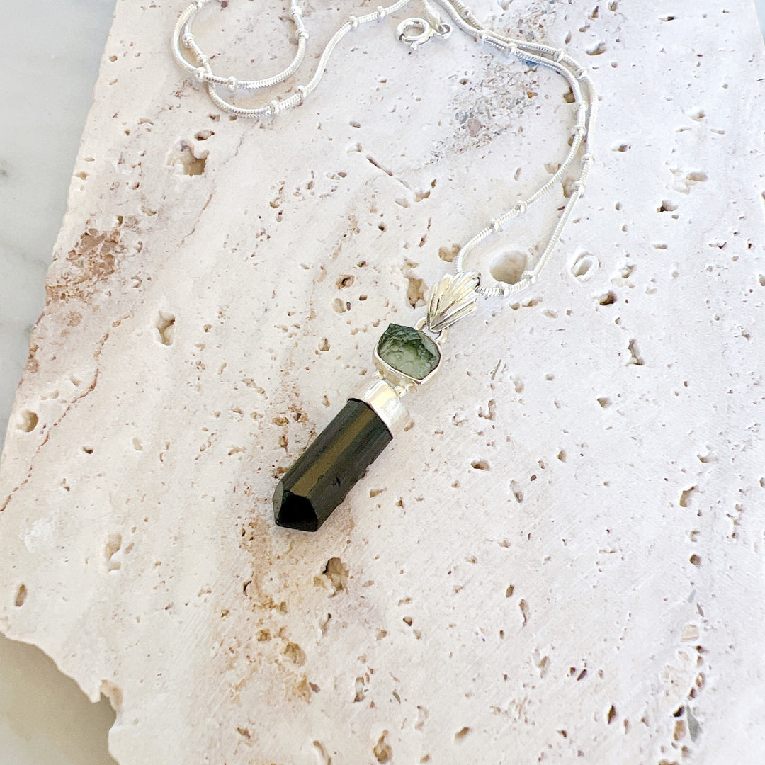 MOLDAVITE & BLACK TOURMALINE PENDANT