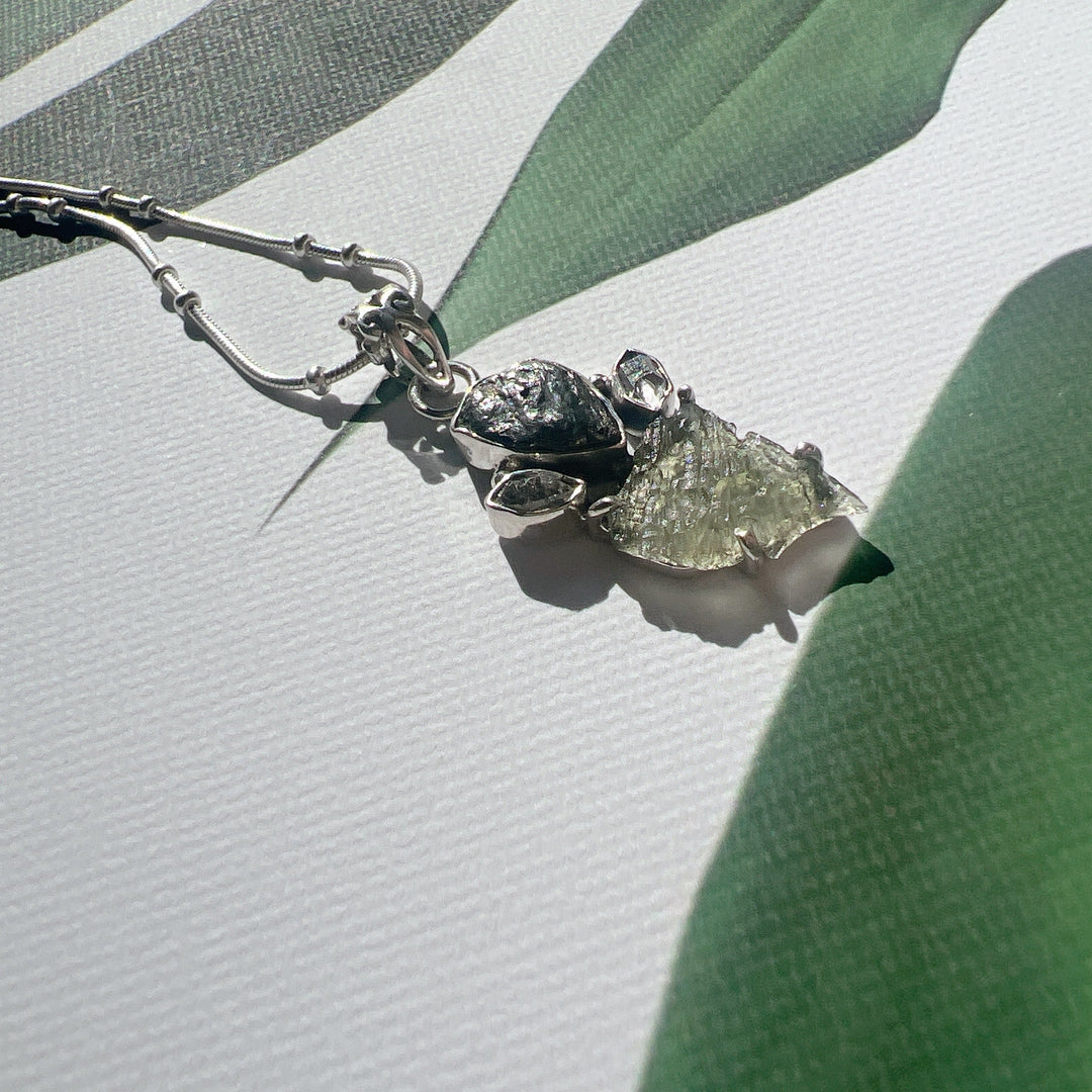 MOLDAVITE, HERKIMER DIAMOND, METEORITE CAMPO DEL CIELO PENDANT