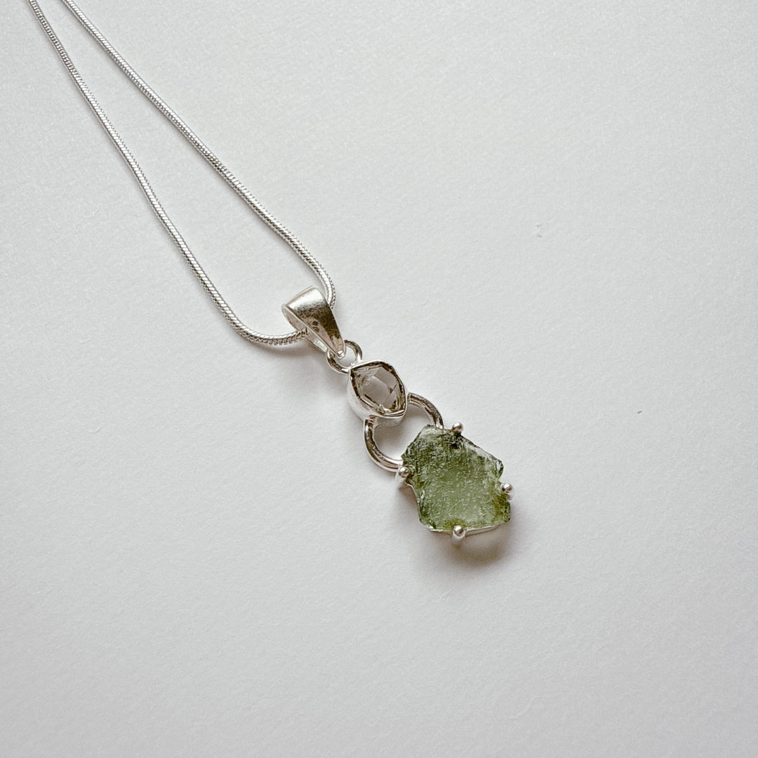 MOLDAVITE & HERKEMIER DIAMOND PENDANT