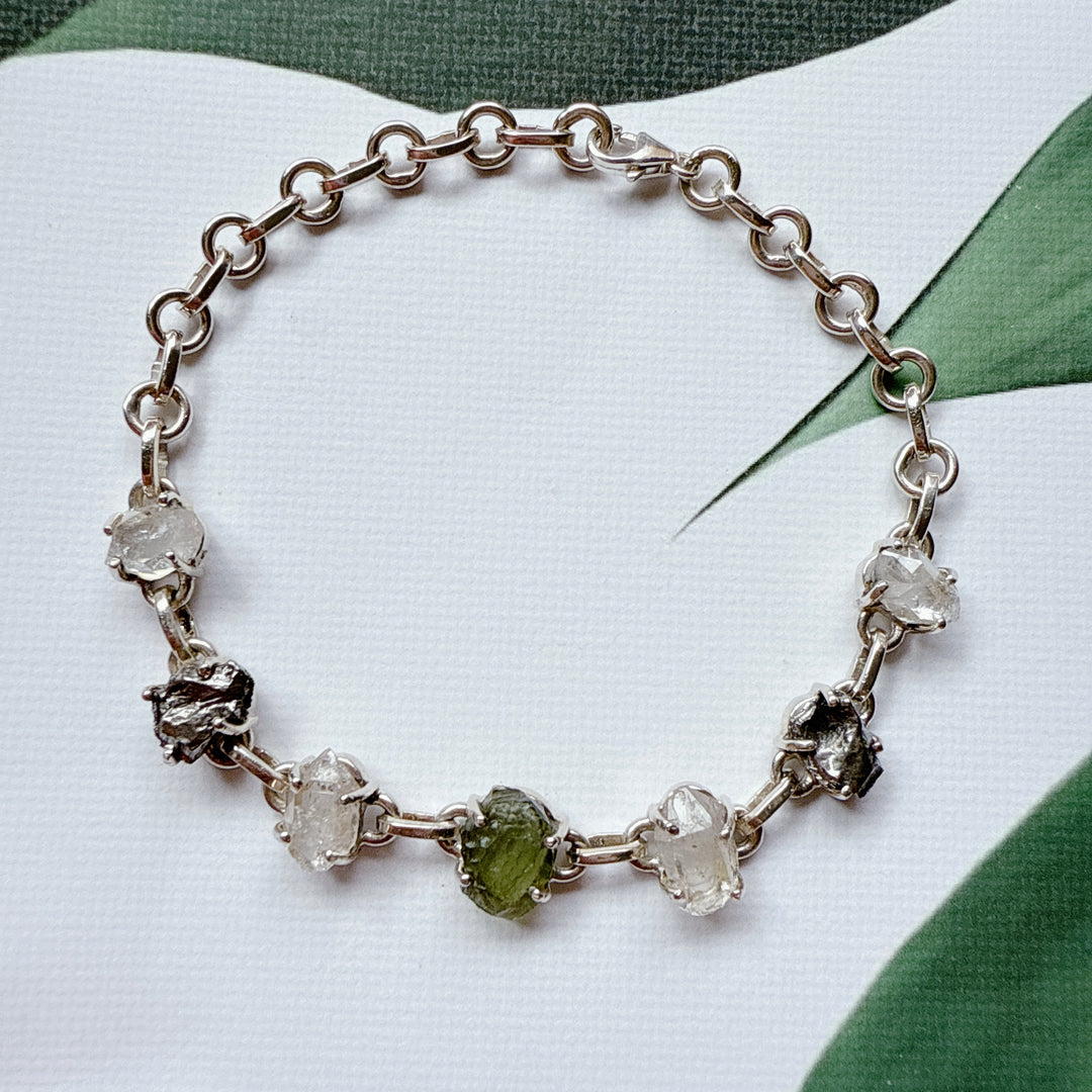 MOLDAVITE, HERKIMER DIAMOND & METEORITE CAMPO DEL CIELO BRACELET