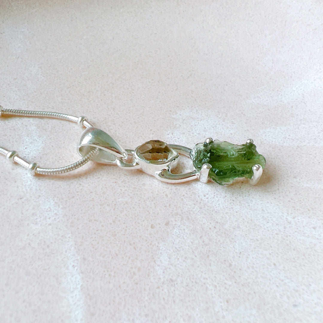 MOLDAVITE & HERKEMIR DIAMOND PENDANT