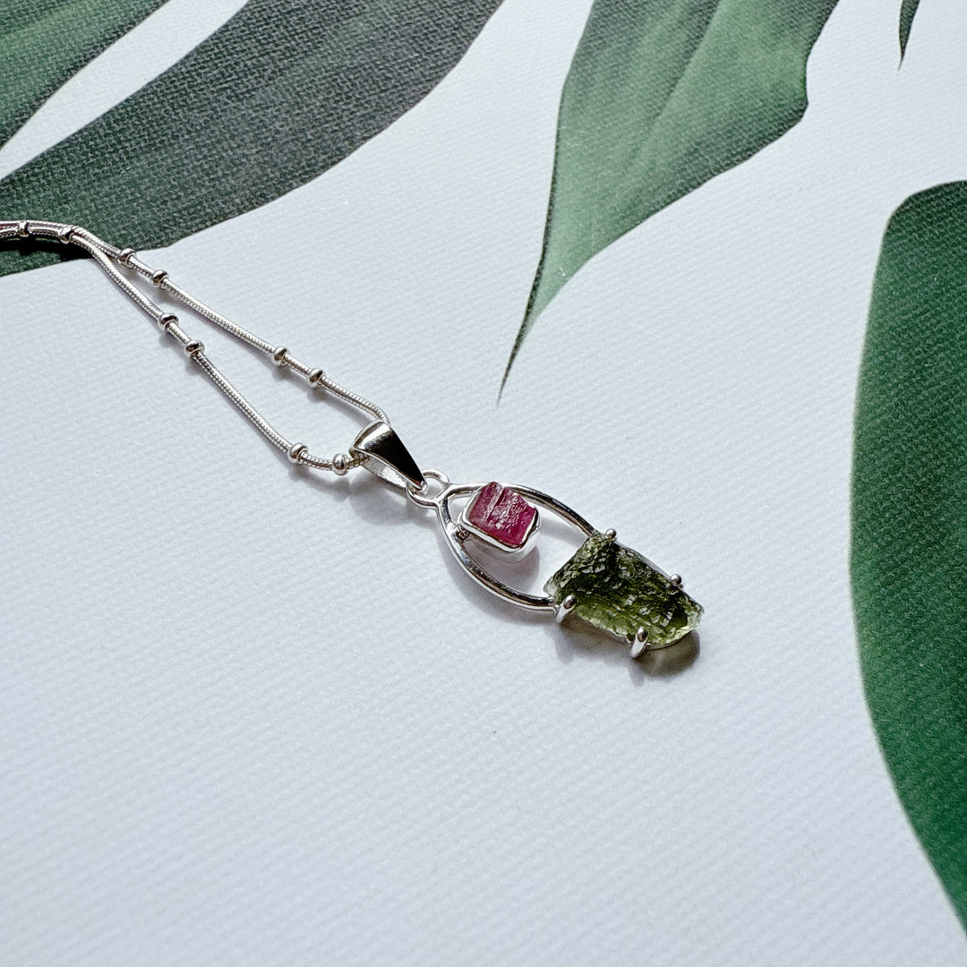 Moldavite & Pink Tourmaline Pendant