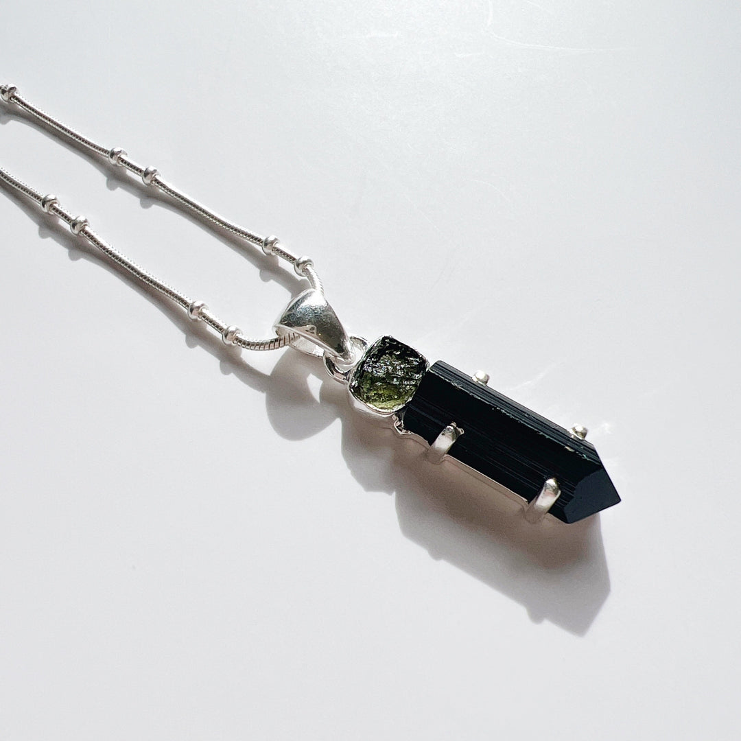 MOLDAVITE & BLACK TOURMALINE PENDANT