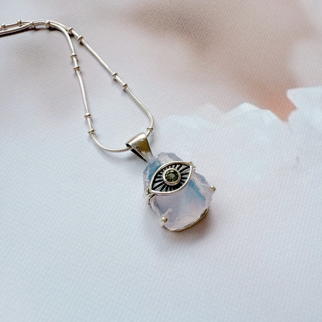 Evil Eye Pendant with Lavender & Faceted Moldavite