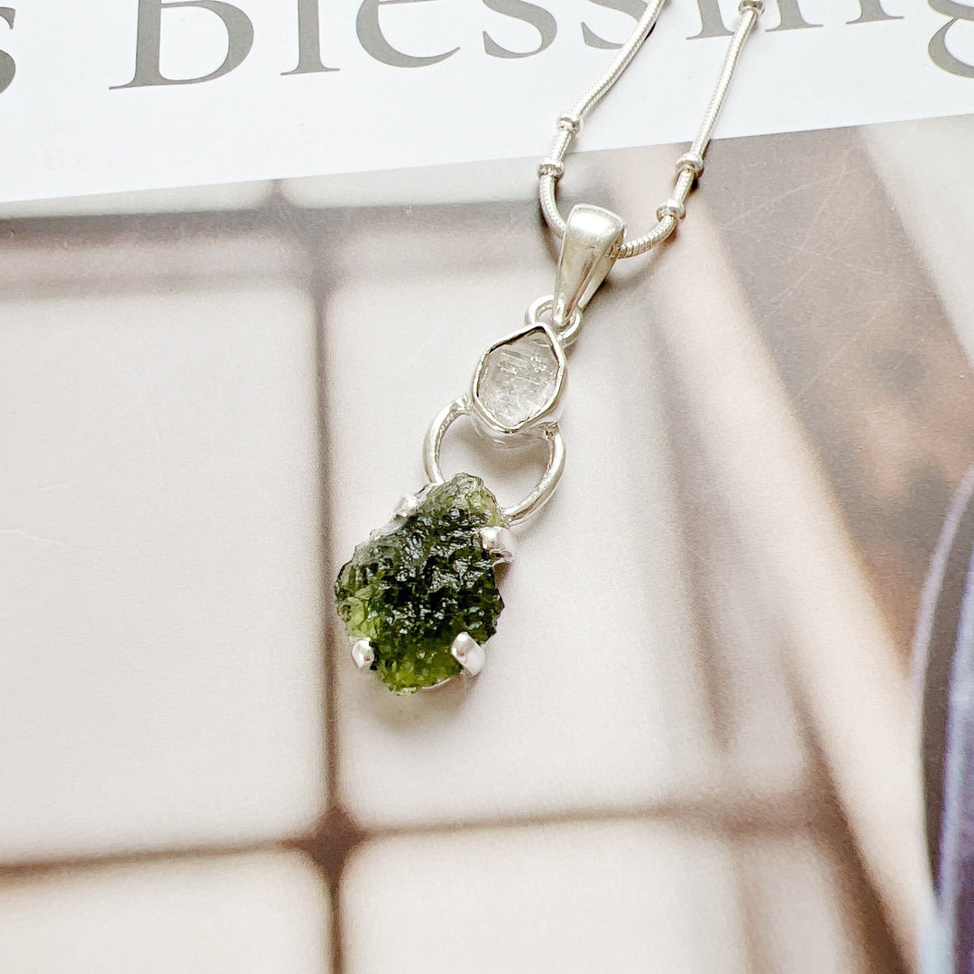 MOLDAVITE & HERKEMIR DIAMOND PENDANT