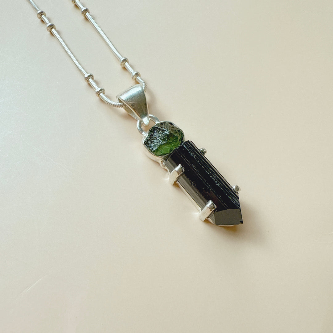 MOLDAVITE & BLACK TOURMALINE PENDANT