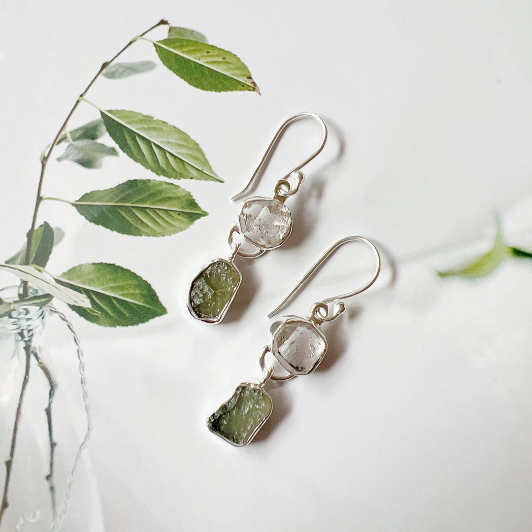 Moldavite and Herkimer Diamond Earrings