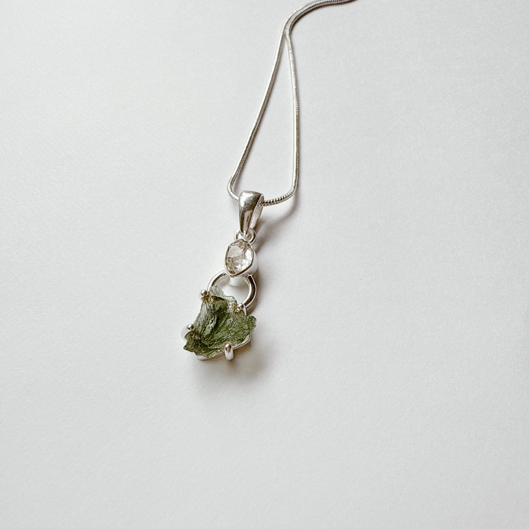 MOLDAVITE & HERKEMIER DIAMOND PENDANT