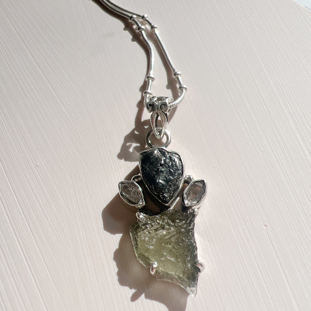 MOLDAVITE, HERKIMER DIAMOND, METEORITE CAMPO DEL CIELO PENDANT