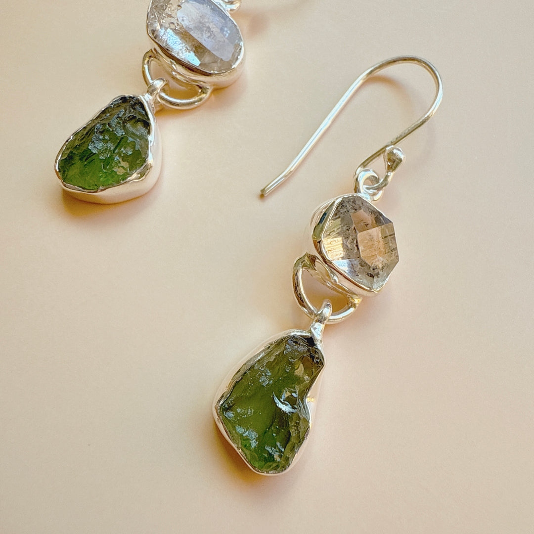 Moldavite & Herkemir Diamond Earrings