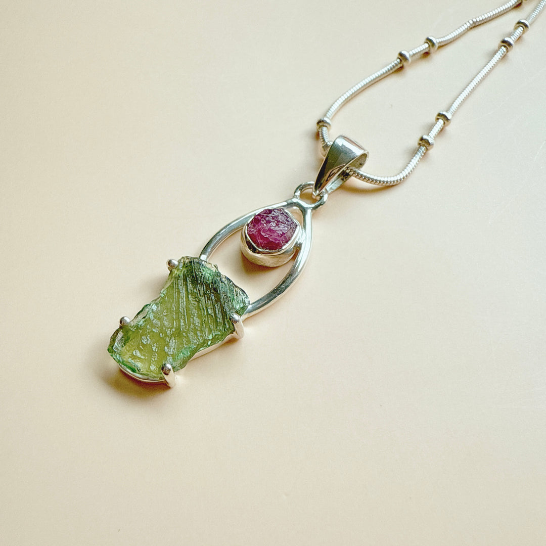 Moldavite & Pink Tourmaline Pendant