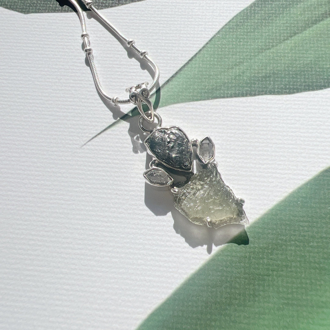 MOLDAVITE, HERKIMER DIAMOND, METEORITE CAMPO DEL CIELO PENDANT